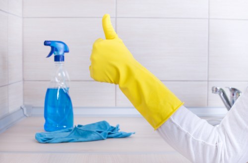 Cleaning supplies arranged for a recurring cleaning service in SE8